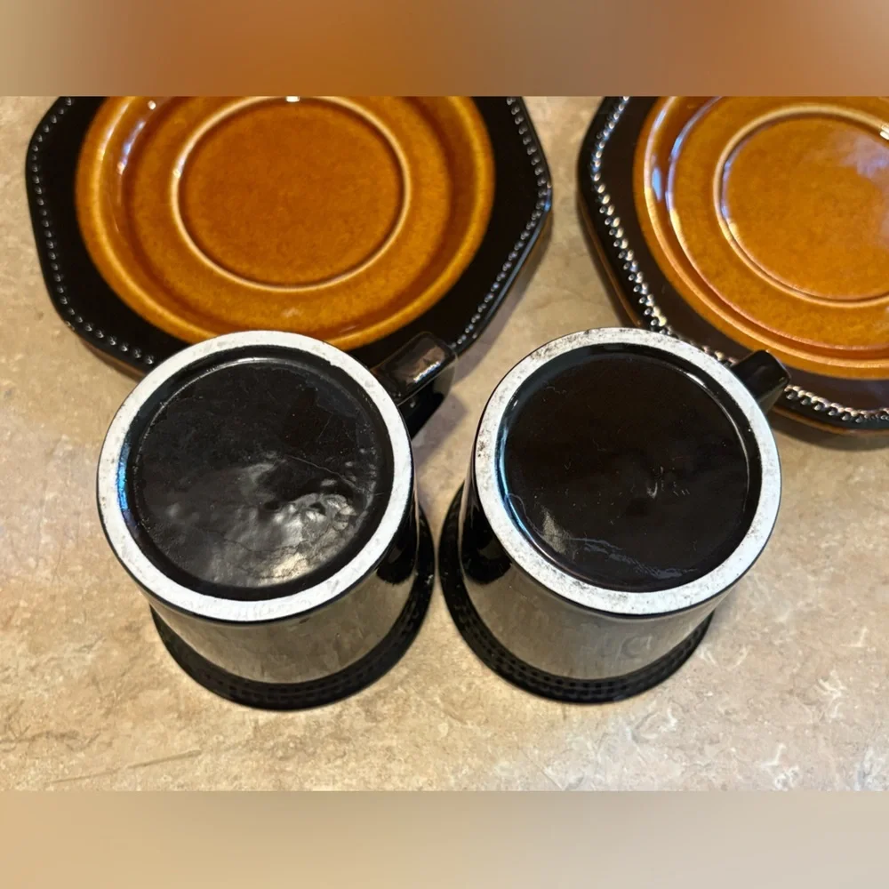 Vintage Sears Ironstone Octagon Amber Black and Brown Coffee Cup Set of 2